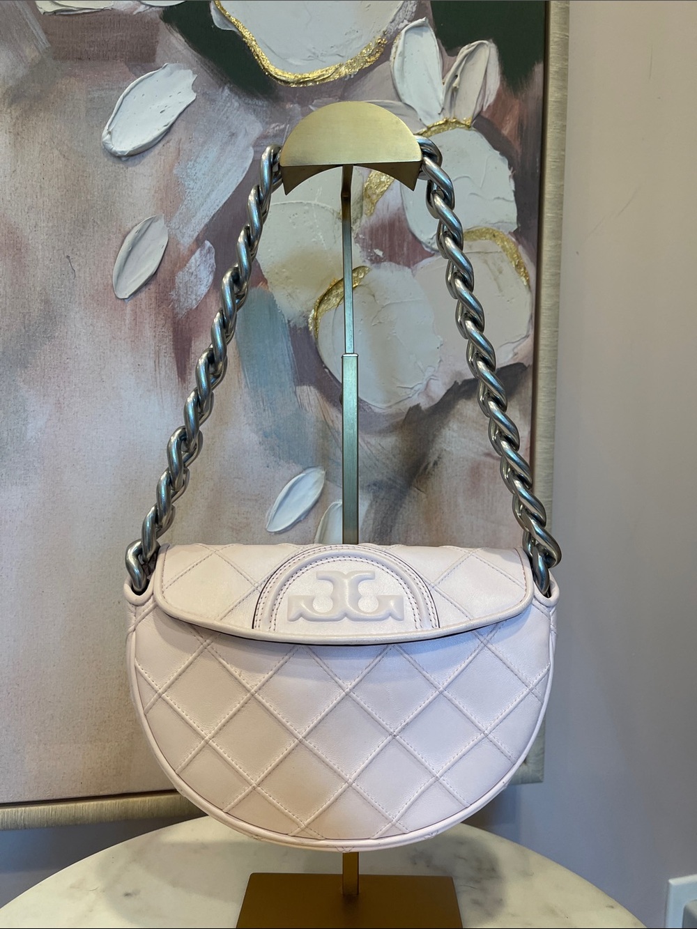 Tory Burch Quilted Crescent Fleming Shoulder Bag in Light Pink